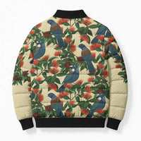 New Zealand Christmas Bomber Puffer Jacket Romantic Tui Birds on Pohutukawa - Ivory - Polynesian Pride