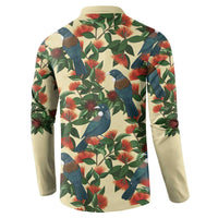 New Zealand Christmas Button Sweatshirt Romantic Tui Birds on Pohutukawa - Ivory - Polynesian Pride