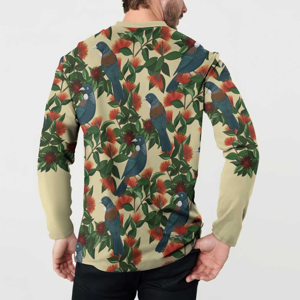 New Zealand Christmas Button Sweatshirt Romantic Tui Birds on Pohutukawa - Ivory - Polynesian Pride