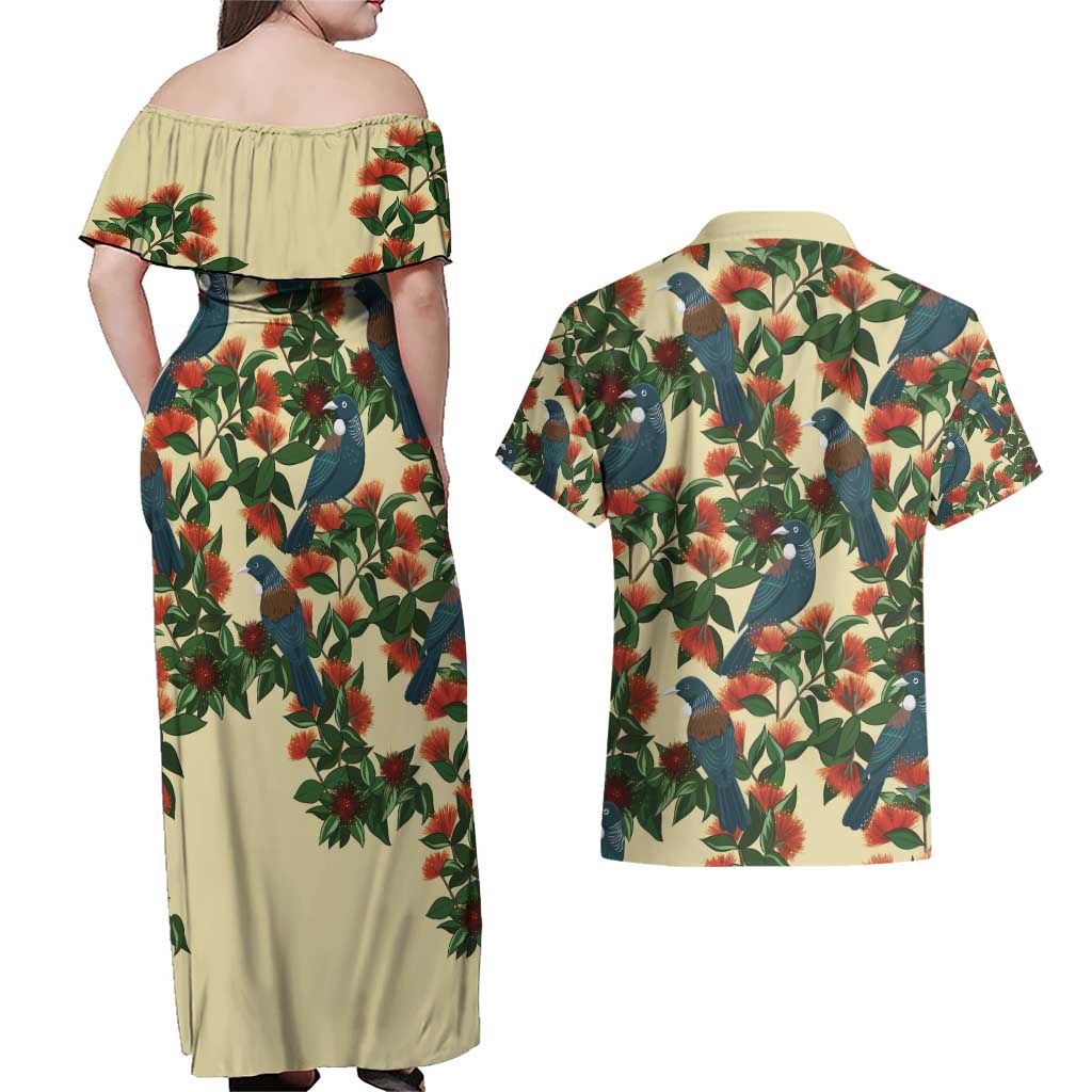 New Zealand Christmas Couples Matching Off Shoulder Maxi Dress and Hawaiian Shirt Romantic Tui Birds on Pohutukawa - Ivory - Polynesian Pride