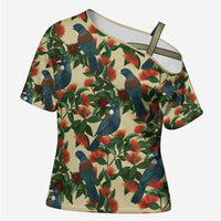 New Zealand Christmas Cross Shoulder Shirt Romantic Tui Birds on Pohutukawa - Ivory - Polynesian Pride