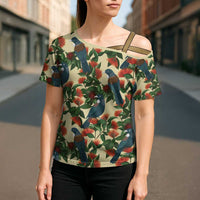 New Zealand Christmas Cross Shoulder Shirt Romantic Tui Birds on Pohutukawa - Ivory - Polynesian Pride