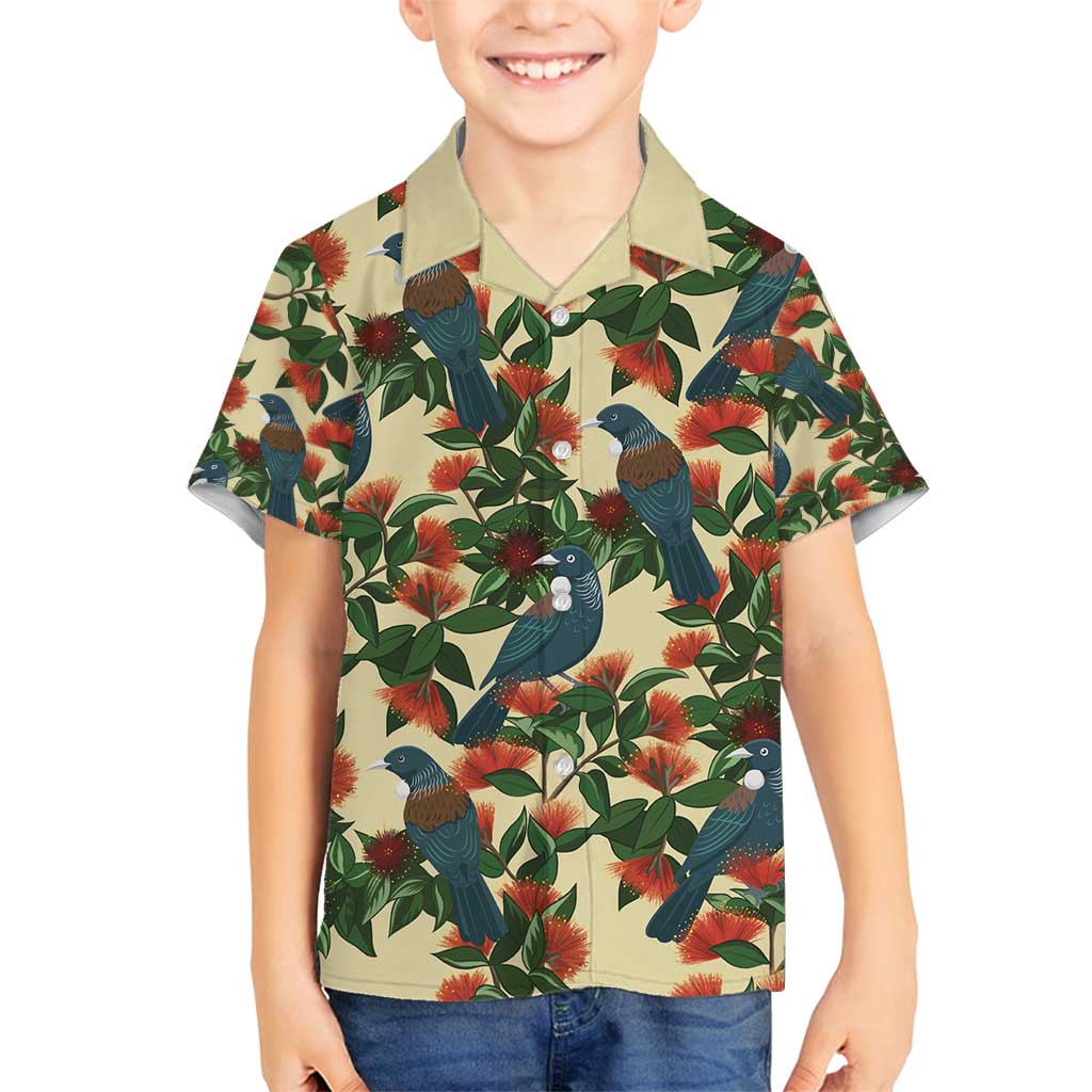 New Zealand Christmas Family Matching Long Sleeve Bodycon Dress and Hawaiian Shirt Romantic Tui Birds on Pohutukawa - Ivory - Polynesian Pride