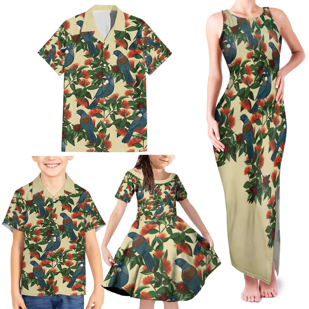 New Zealand Christmas Family Matching Tank Maxi Dress and Hawaiian Shirt Romantic Tui Birds on Pohutukawa - Ivory - Polynesian Pride