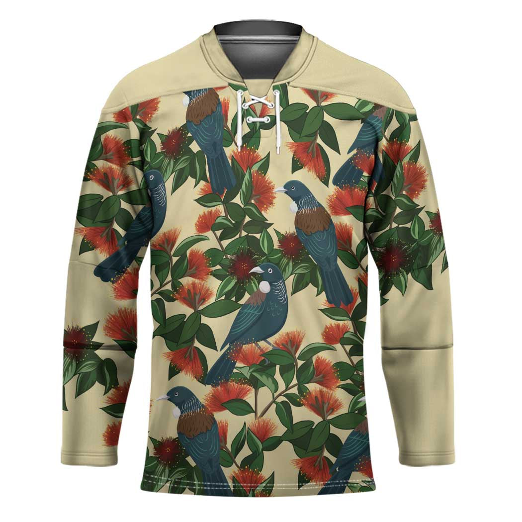New Zealand Christmas Hockey Jersey Romantic Tui Birds on Pohutukawa - Ivory - Polynesian Pride
