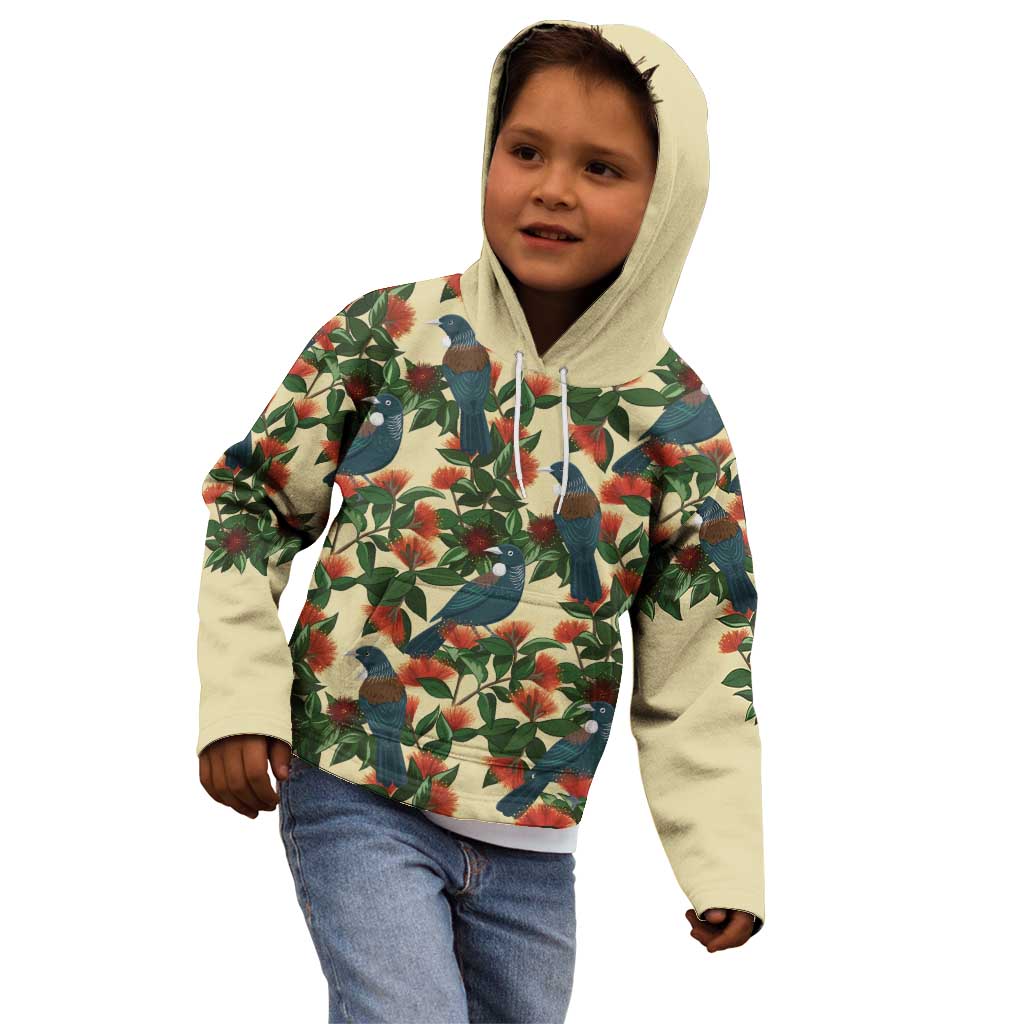 New Zealand Christmas Kid Hoodie Romantic Tui Birds on Pohutukawa - Ivory - Polynesian Pride