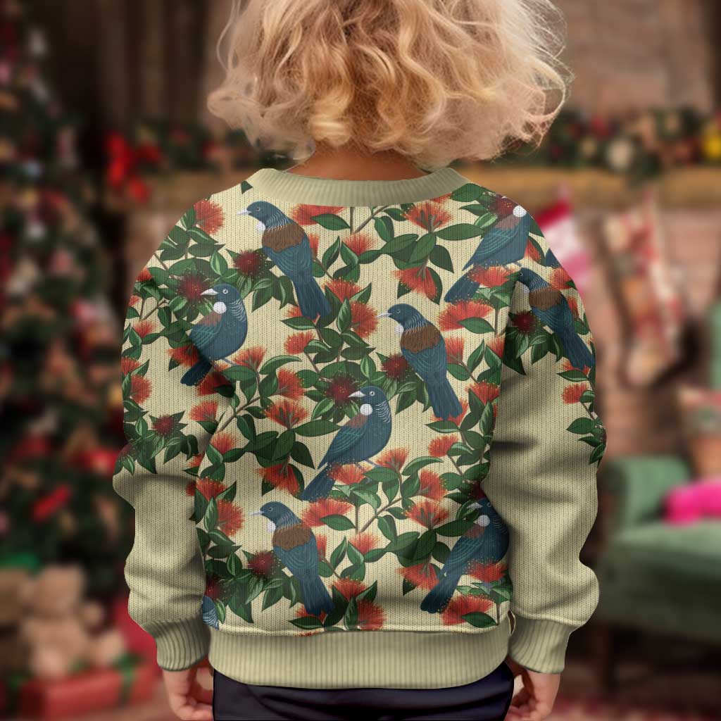 New Zealand Christmas Kid Ugly Christmas Sweater Romantic Tui Birds on Pohutukawa - Ivory - Polynesian Pride
