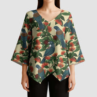 New Zealand Christmas Kimono Sleeve Blouse Romantic Tui Birds on Pohutukawa - Ivory - Polynesian Pride