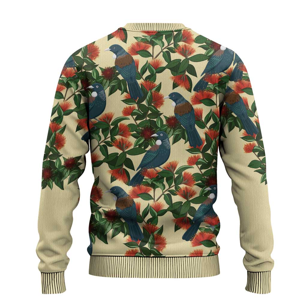 New Zealand Christmas Ugly Christmas Sweater Romantic Tui Birds on Pohutukawa - Ivory - Polynesian Pride
