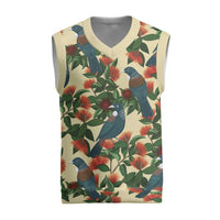 New Zealand Christmas Knitted V-Neck Vest Romantic Tui Birds on Pohutukawa - Ivory - Polynesian Pride
