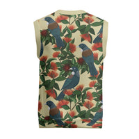 New Zealand Christmas Knitted V-Neck Vest Romantic Tui Birds on Pohutukawa - Ivory - Polynesian Pride
