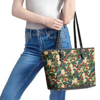 New Zealand Christmas Leather Tote Bag Romantic Tui Birds on Pohutukawa - Ivory - Polynesian Pride