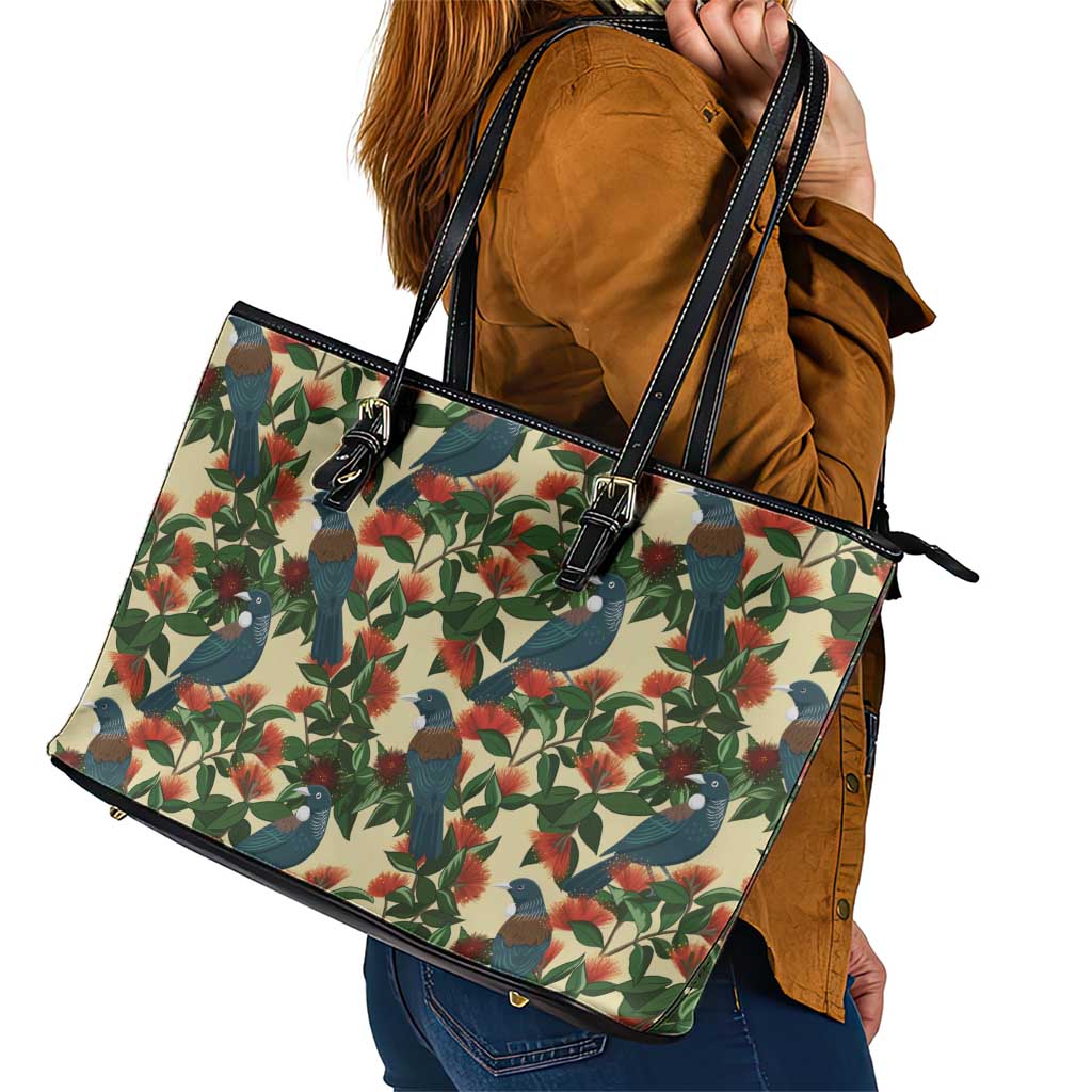 New Zealand Christmas Leather Tote Bag Romantic Tui Birds on Pohutukawa - Ivory - Polynesian Pride