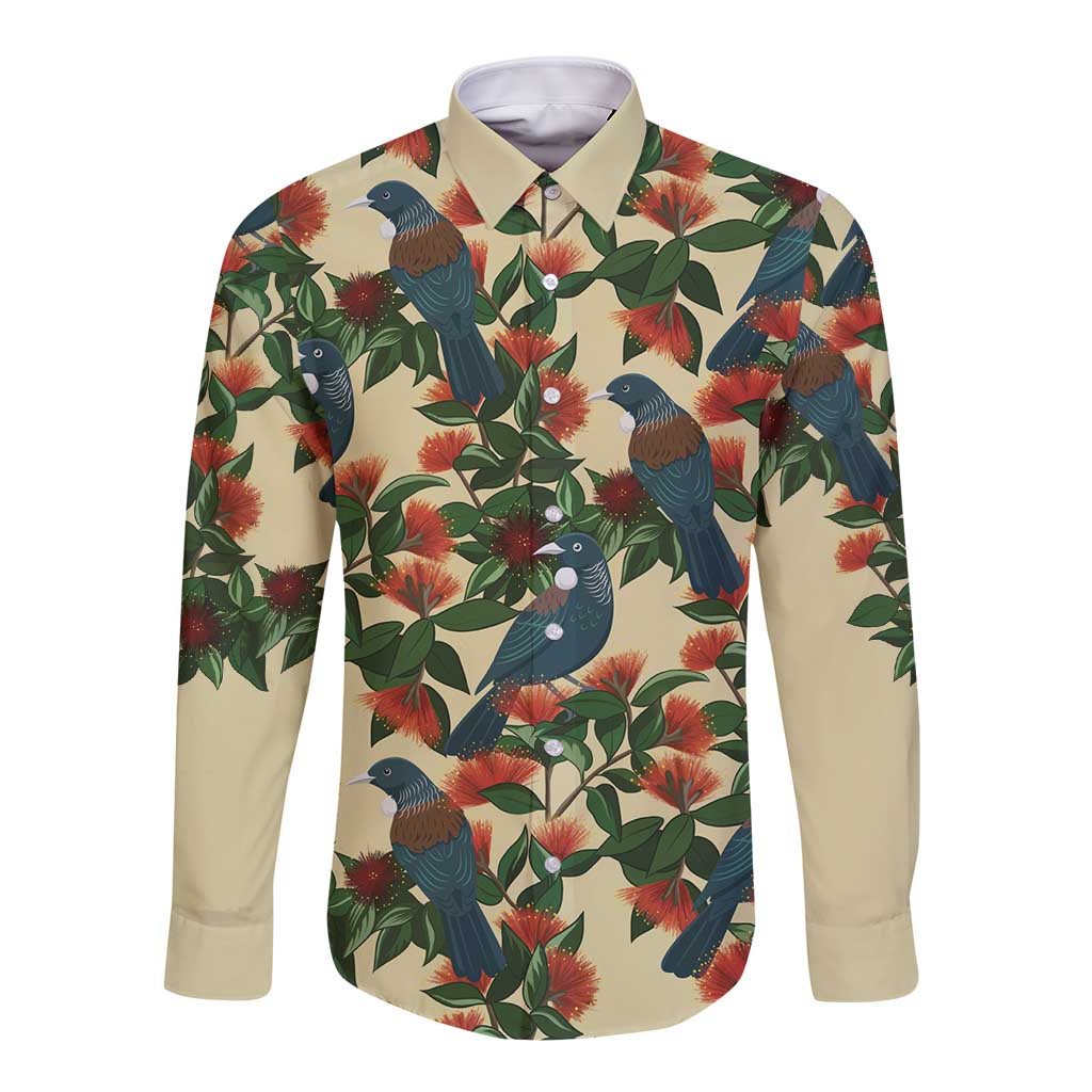 New Zealand Christmas Long Sleeve Button Shirt Romantic Tui Birds on Pohutukawa - Ivory - Polynesian Pride
