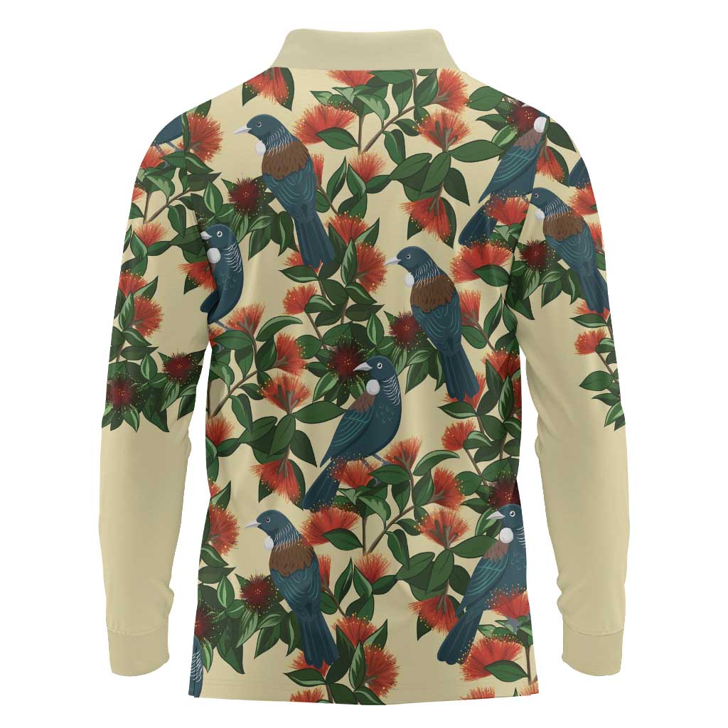 New Zealand Christmas Long Sleeve Polo Shirt Romantic Tui Birds on Pohutukawa - Ivory - Polynesian Pride