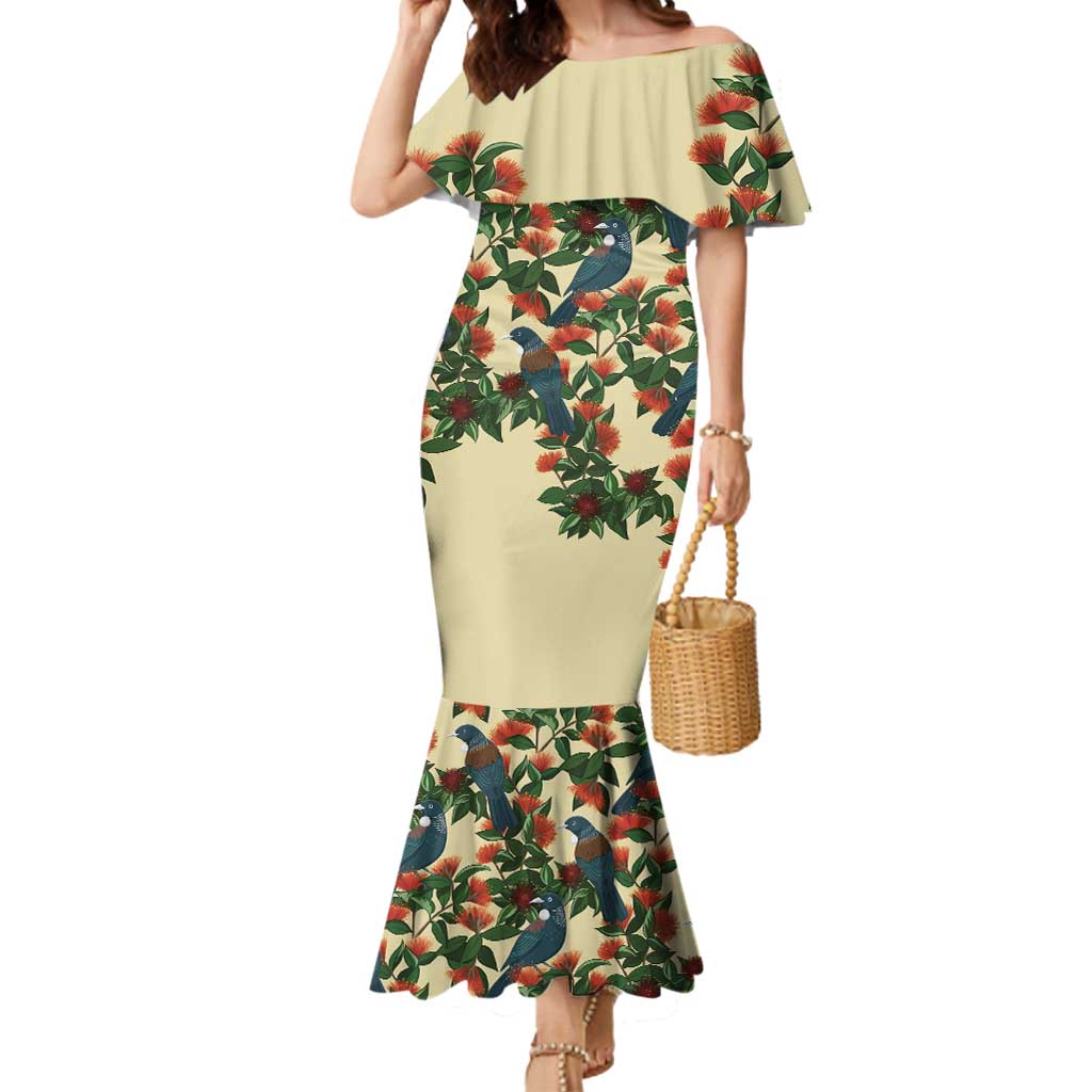 New Zealand Christmas Mermaid Dress Romantic Tui Birds on Pohutukawa - Ivory - Polynesian Pride