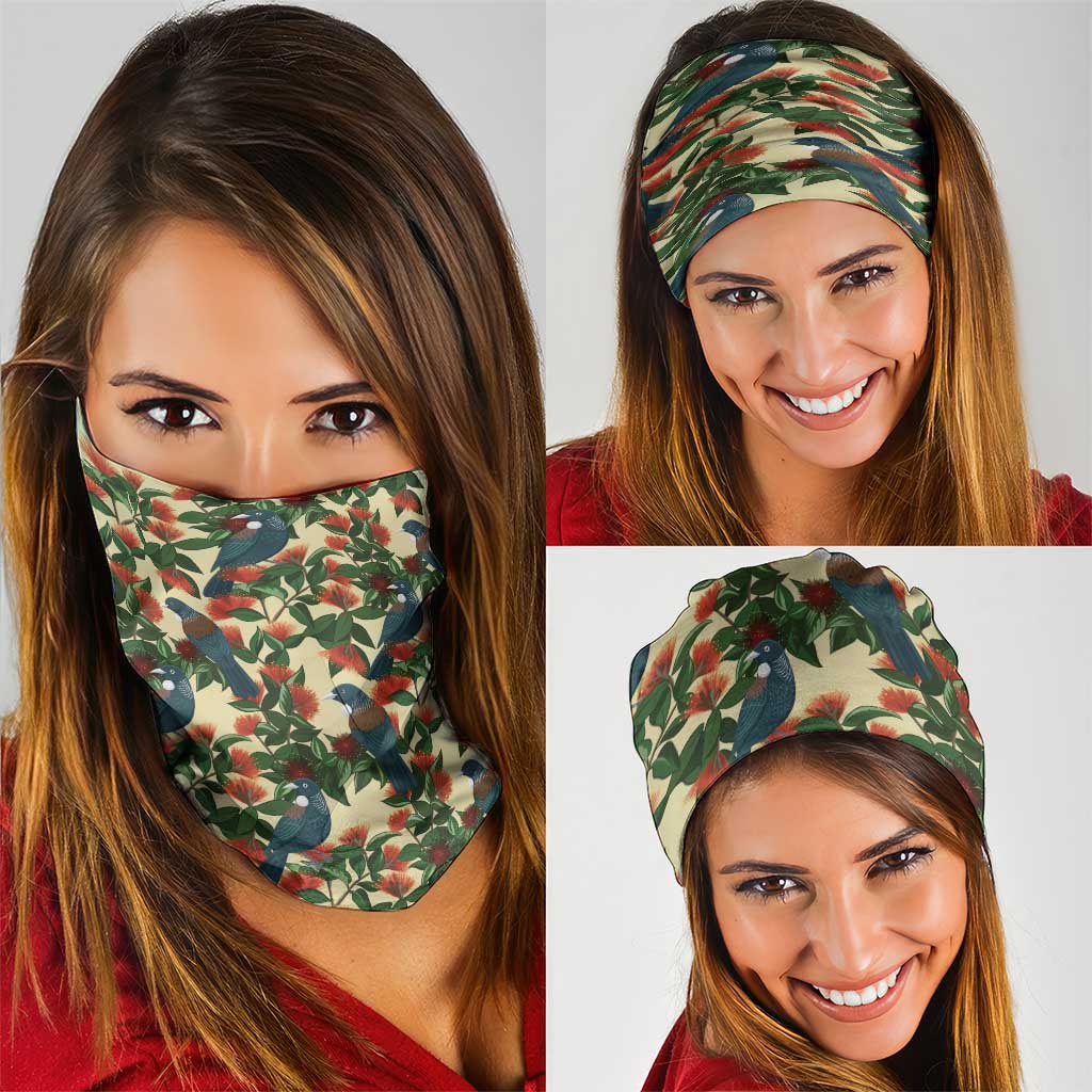 New Zealand Christmas Neck Gaiter Romantic Tui Birds on Pohutukawa - Ivory - Polynesian Pride