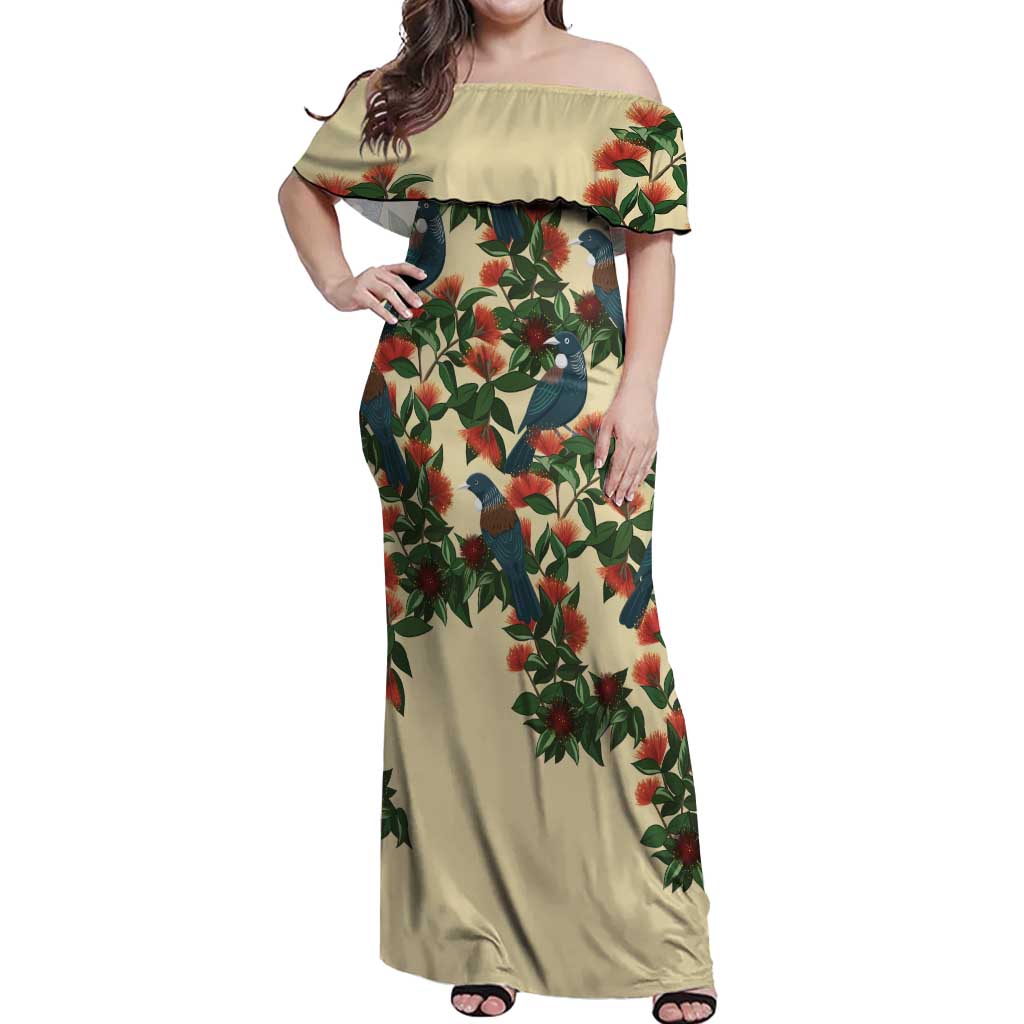 New Zealand Christmas Off Shoulder Maxi Dress Romantic Tui Birds on Pohutukawa - Ivory - Polynesian Pride