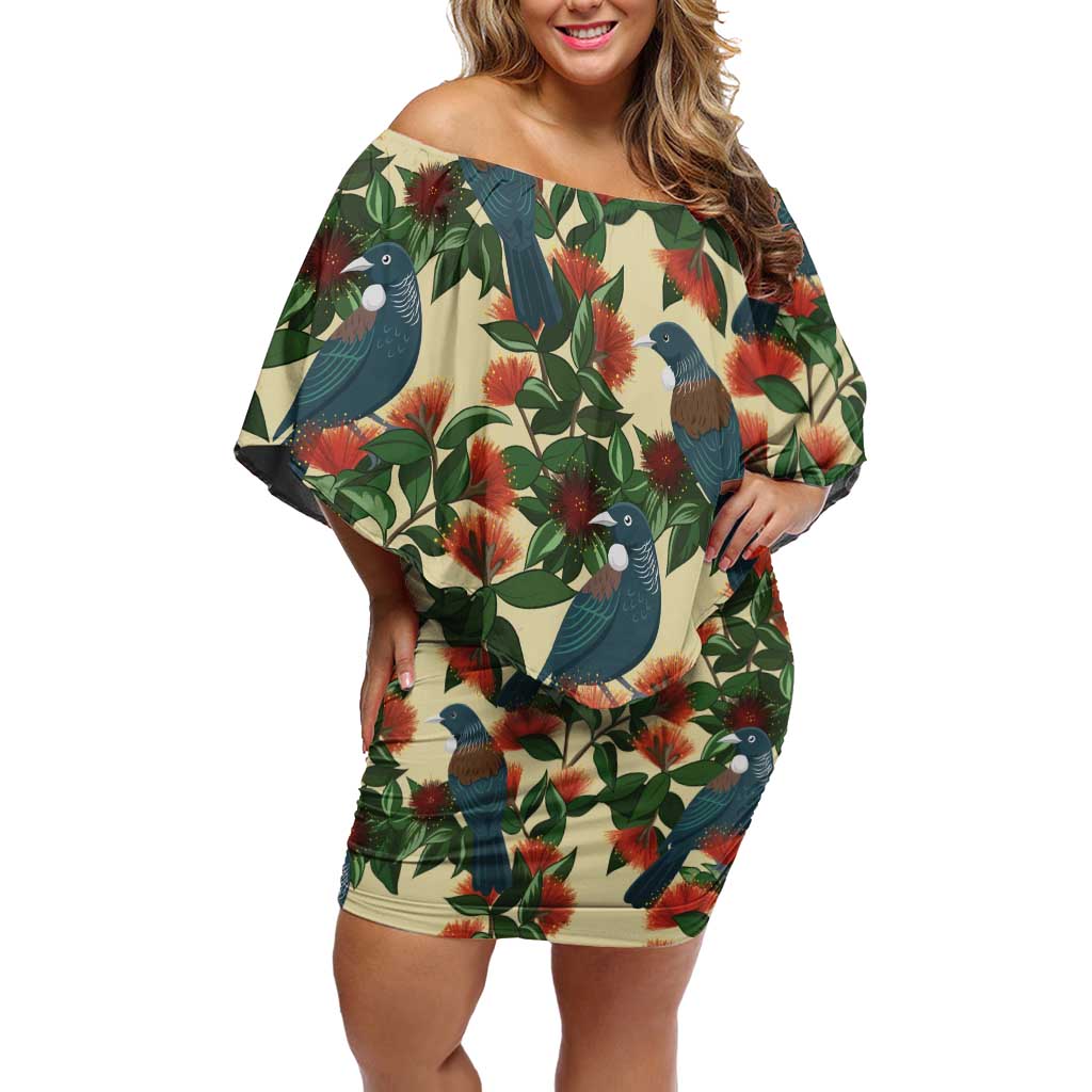 New Zealand Christmas Off Shoulder Short Dress Romantic Tui Birds on Pohutukawa - Ivory - Polynesian Pride