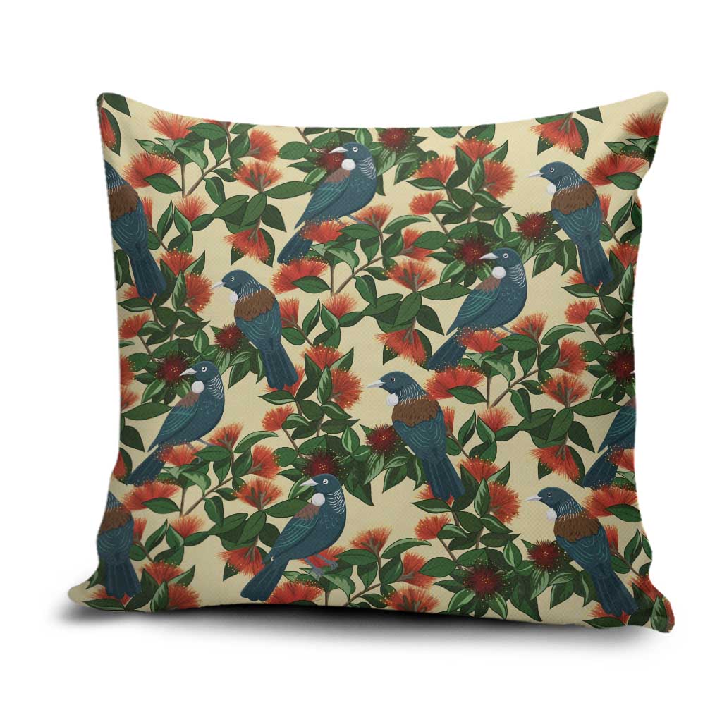 New Zealand Christmas Pillow Cover Romantic Tui Birds on Pohutukawa - Ivory - Polynesian Pride