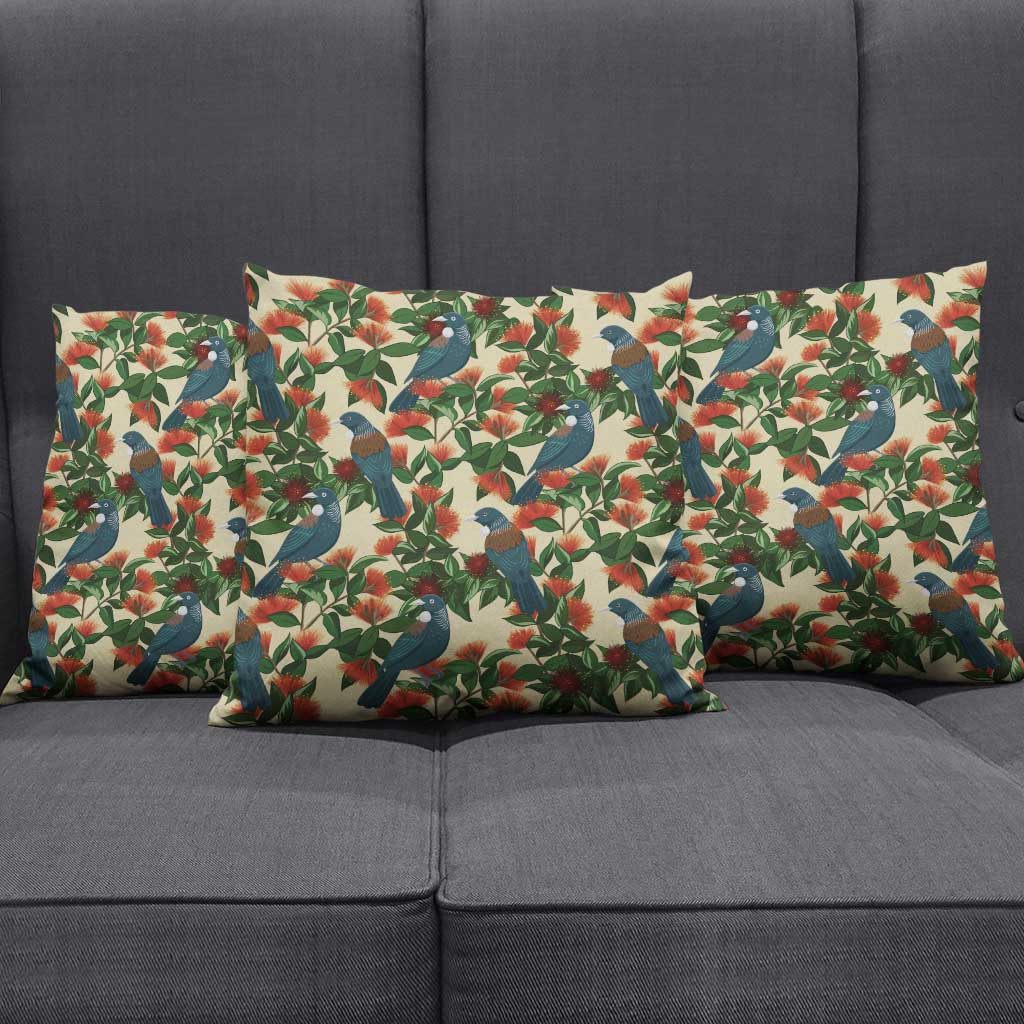 New Zealand Christmas Pillow Cover Romantic Tui Birds on Pohutukawa - Ivory - Polynesian Pride