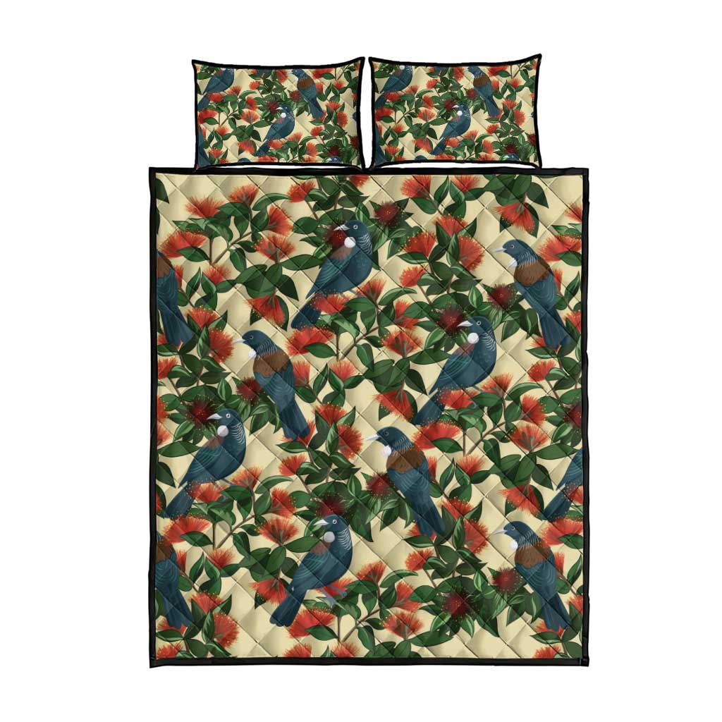 New Zealand Christmas Quilt Bed Set Romantic Tui Birds on Pohutukawa - Ivory - Polynesian Pride
