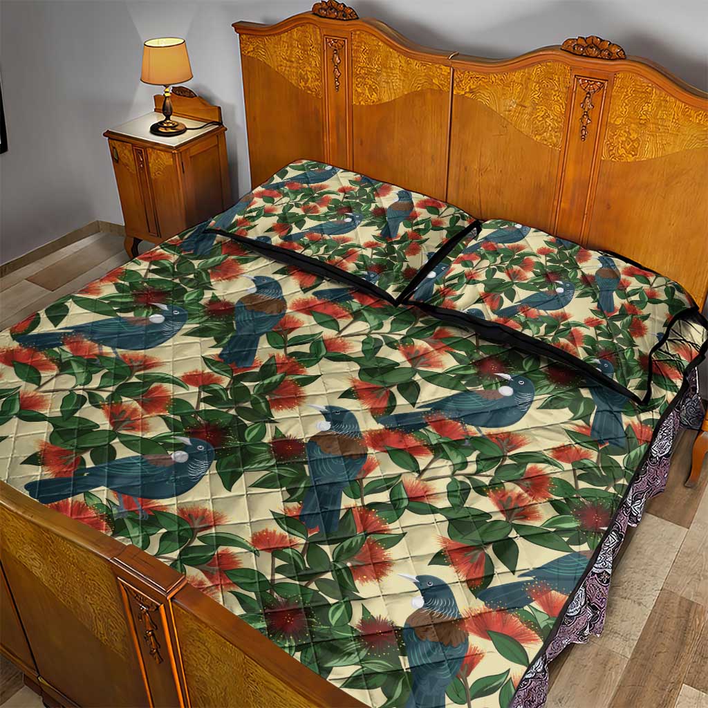 New Zealand Christmas Quilt Bed Set Romantic Tui Birds on Pohutukawa - Ivory - Polynesian Pride