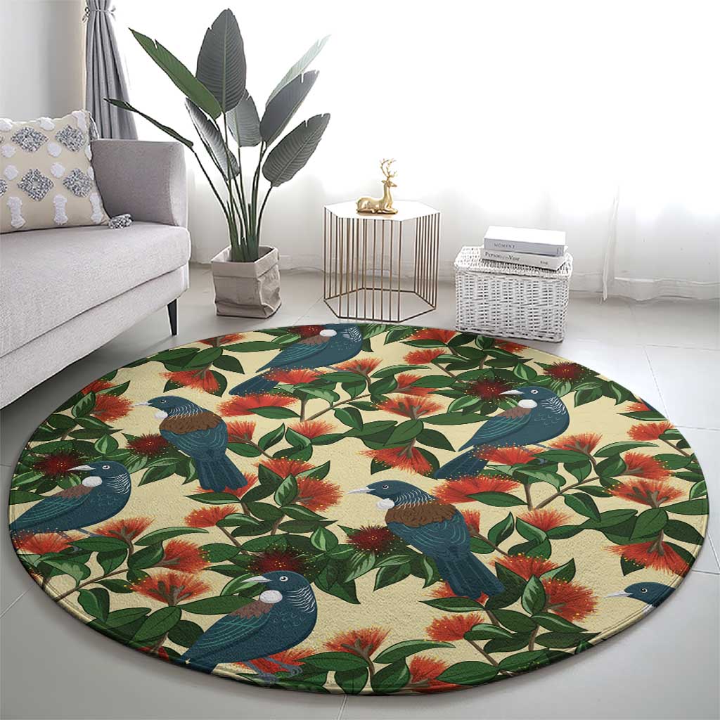 New Zealand Christmas Round Carpet Romantic Tui Birds on Pohutukawa - Ivory - Polynesian Pride
