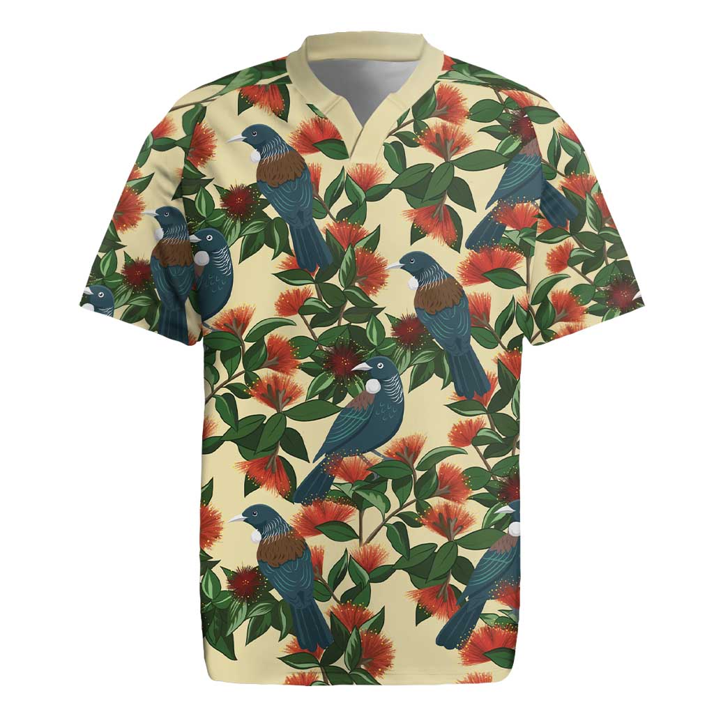 New Zealand Christmas Rugby Jersey Romantic Tui Birds on Pohutukawa - Ivory - Polynesian Pride