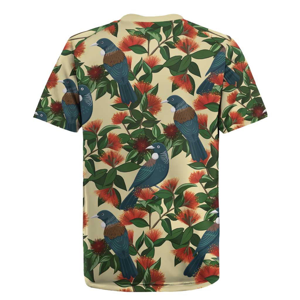 New Zealand Christmas Rugby Jersey Romantic Tui Birds on Pohutukawa - Ivory - Polynesian Pride