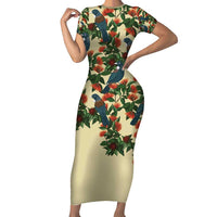 New Zealand Christmas Short Sleeve Bodycon Dress Romantic Tui Birds on Pohutukawa - Ivory - Polynesian Pride