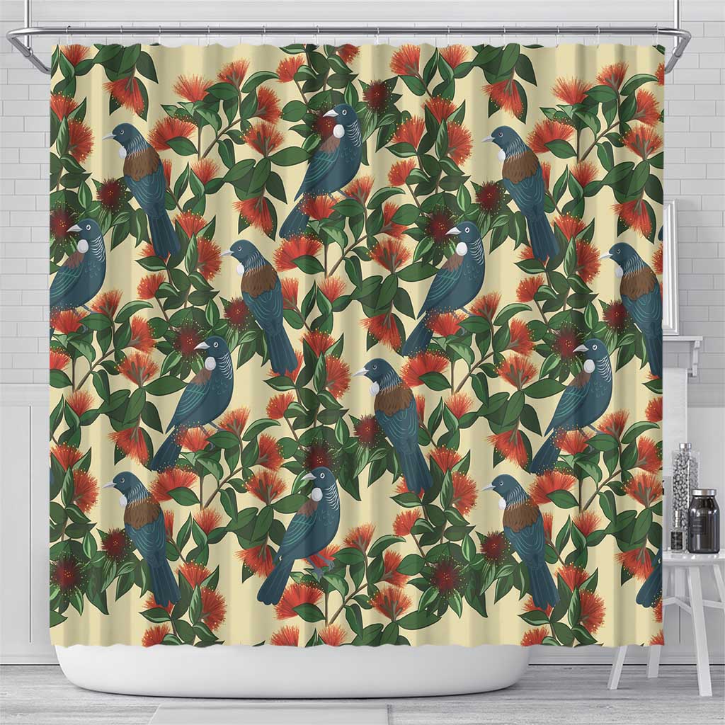 New Zealand Christmas Shower Curtain Romantic Tui Birds on Pohutukawa - Ivory - Polynesian Pride