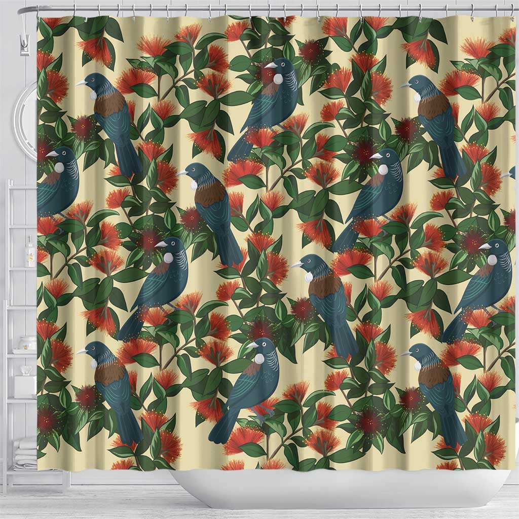New Zealand Christmas Shower Curtain Romantic Tui Birds on Pohutukawa - Ivory - Polynesian Pride