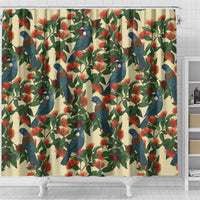 New Zealand Christmas Shower Curtain Romantic Tui Birds on Pohutukawa - Ivory - Polynesian Pride