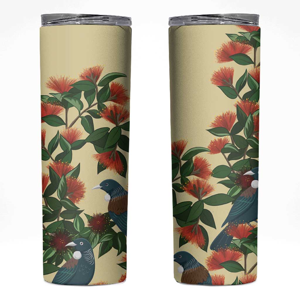 New Zealand Christmas Skinny Tumbler Romantic Tui Birds on Pohutukawa - Ivory - Polynesian Pride