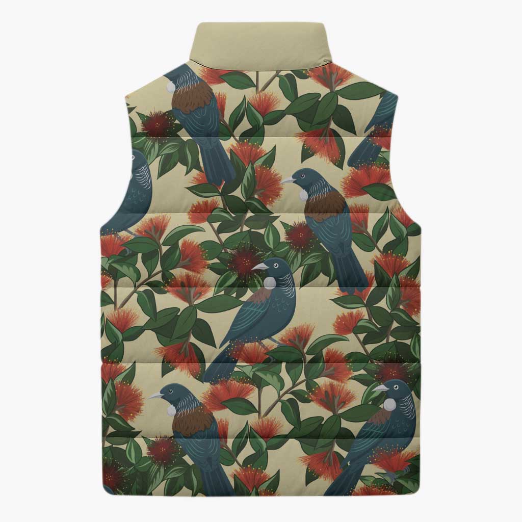 New Zealand Christmas Sleeveless Puffer Jacket Romantic Tui Birds on Pohutukawa - Ivory - Polynesian Pride