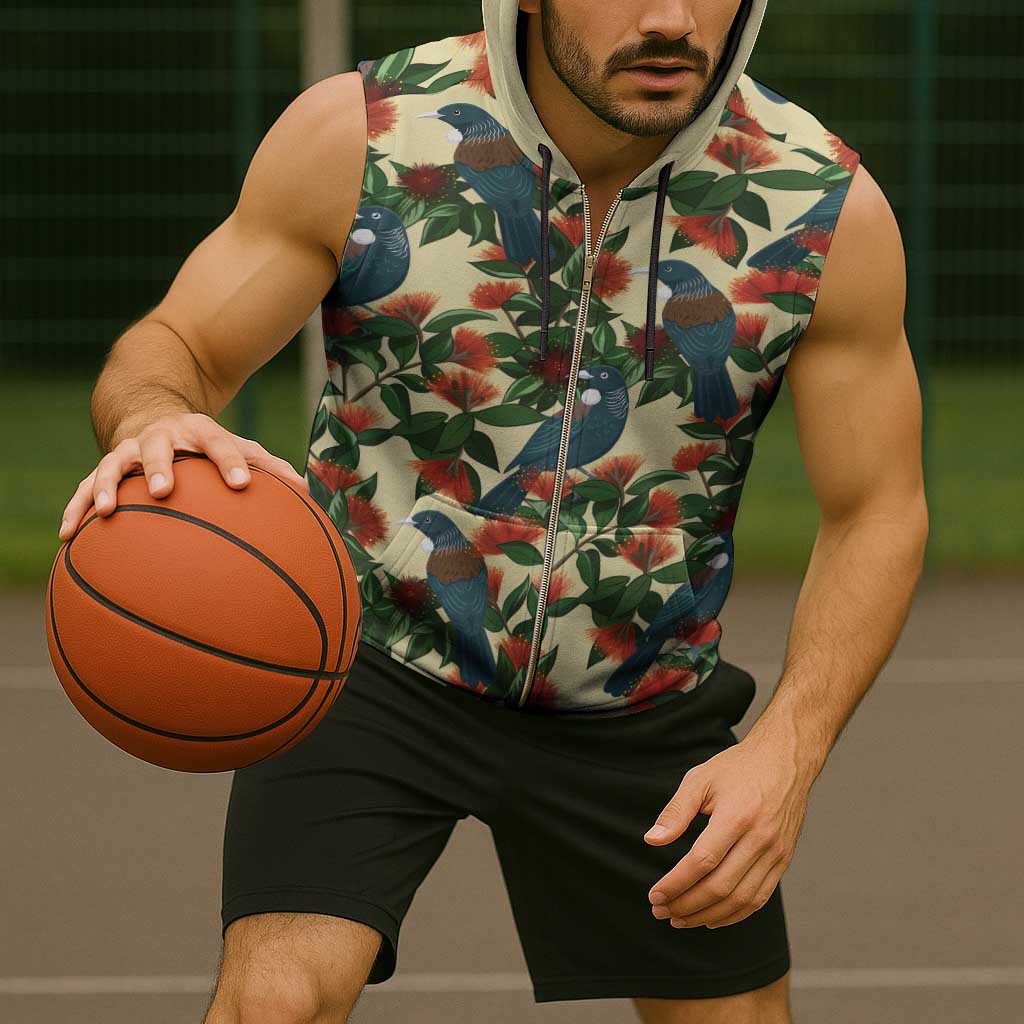 New Zealand Christmas Sleeveless Zip Hoodie Romantic Tui Birds on Pohutukawa - Ivory - Polynesian Pride