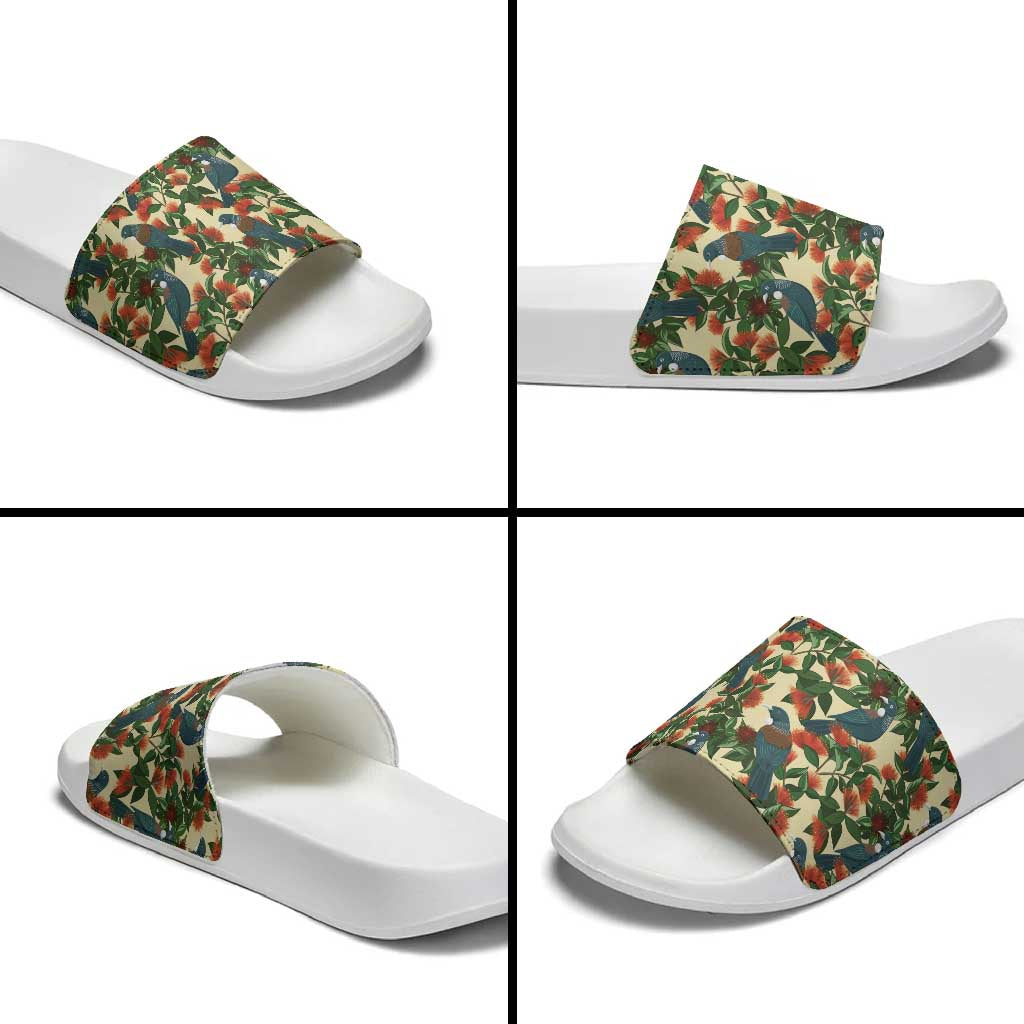 New Zealand Christmas Slide Sandals Romantic Tui Birds on Pohutukawa - Ivory - Polynesian Pride