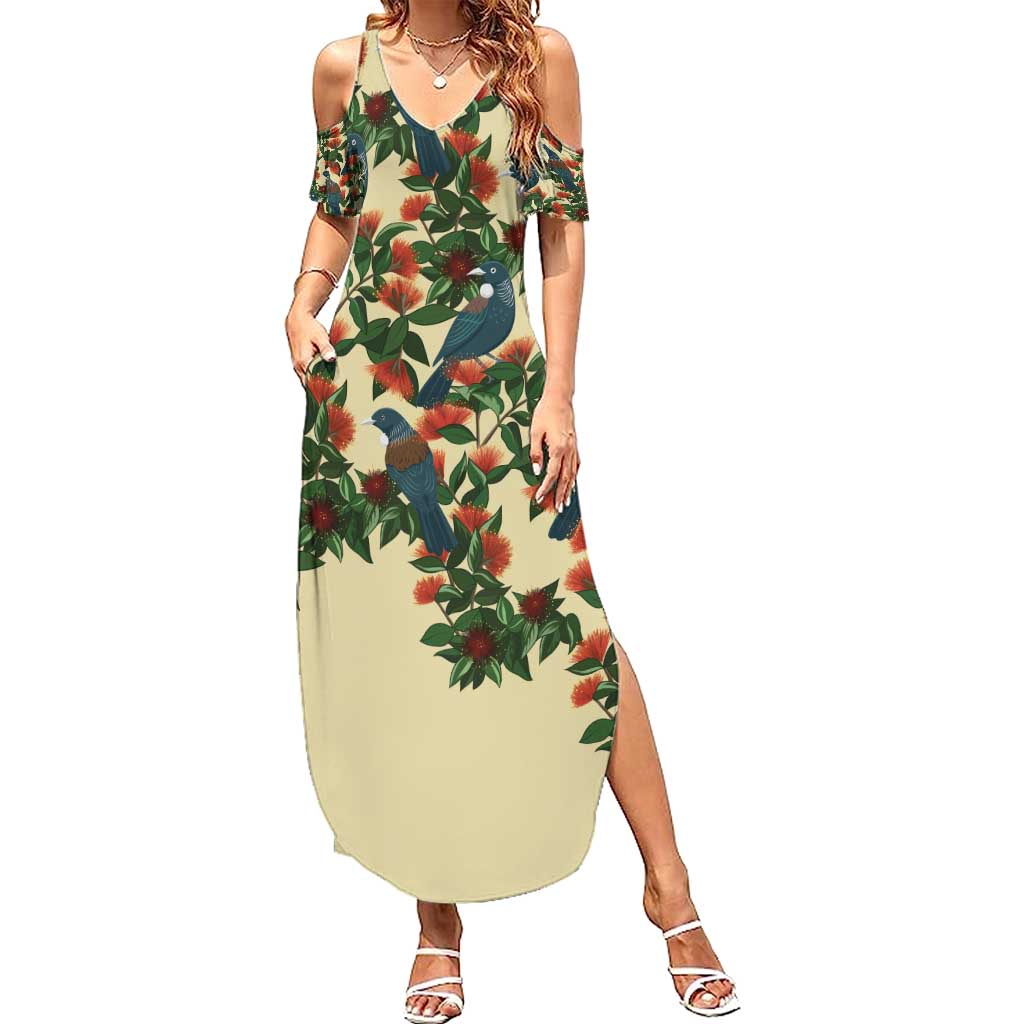 New Zealand Christmas Summer Maxi Dress Romantic Tui Birds on Pohutukawa - Ivory - Polynesian Pride