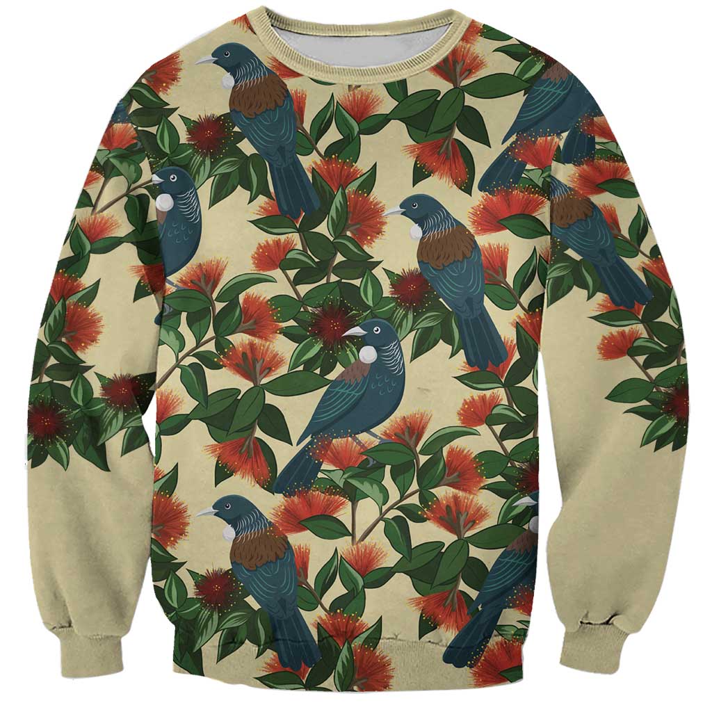 New Zealand Christmas Sweatshirt Romantic Tui Birds on Pohutukawa - Ivory - Polynesian Pride