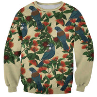 New Zealand Christmas Sweatshirt Romantic Tui Birds on Pohutukawa - Ivory - Polynesian Pride