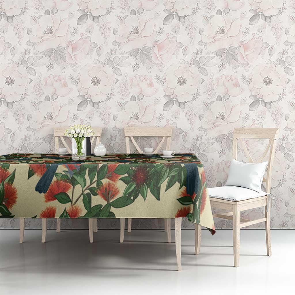 New Zealand Christmas Tablecloth Romantic Tui Birds on Pohutukawa - Ivory - Polynesian Pride