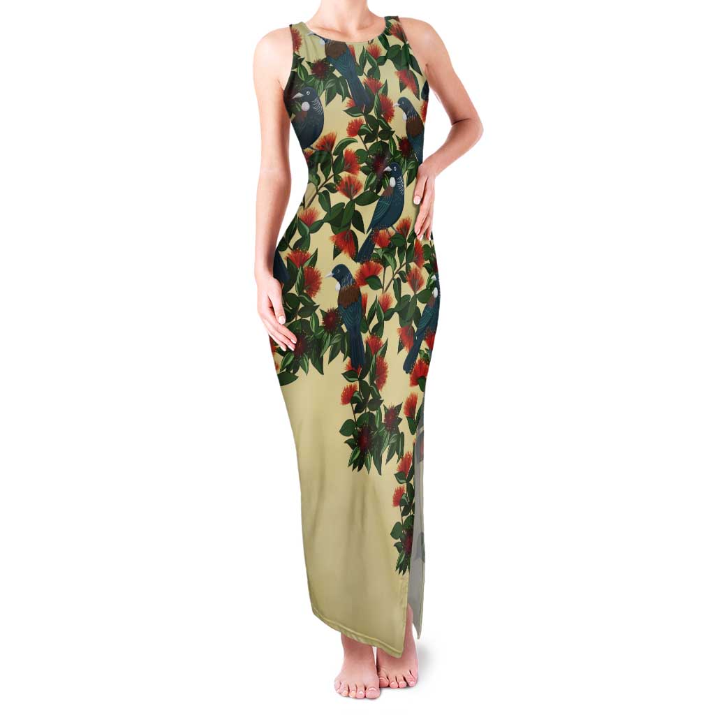 New Zealand Christmas Tank Maxi Dress Romantic Tui Birds on Pohutukawa - Ivory - Polynesian Pride