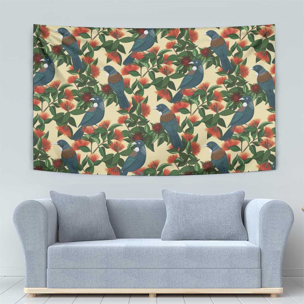 New Zealand Christmas Tapestry Romantic Tui Birds on Pohutukawa - Ivory - Polynesian Pride