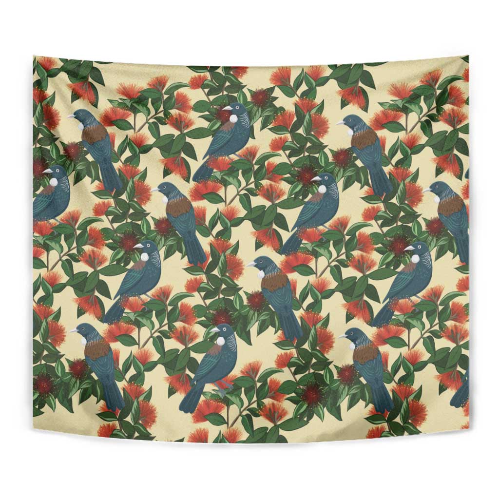 New Zealand Christmas Tapestry Romantic Tui Birds on Pohutukawa - Ivory - Polynesian Pride