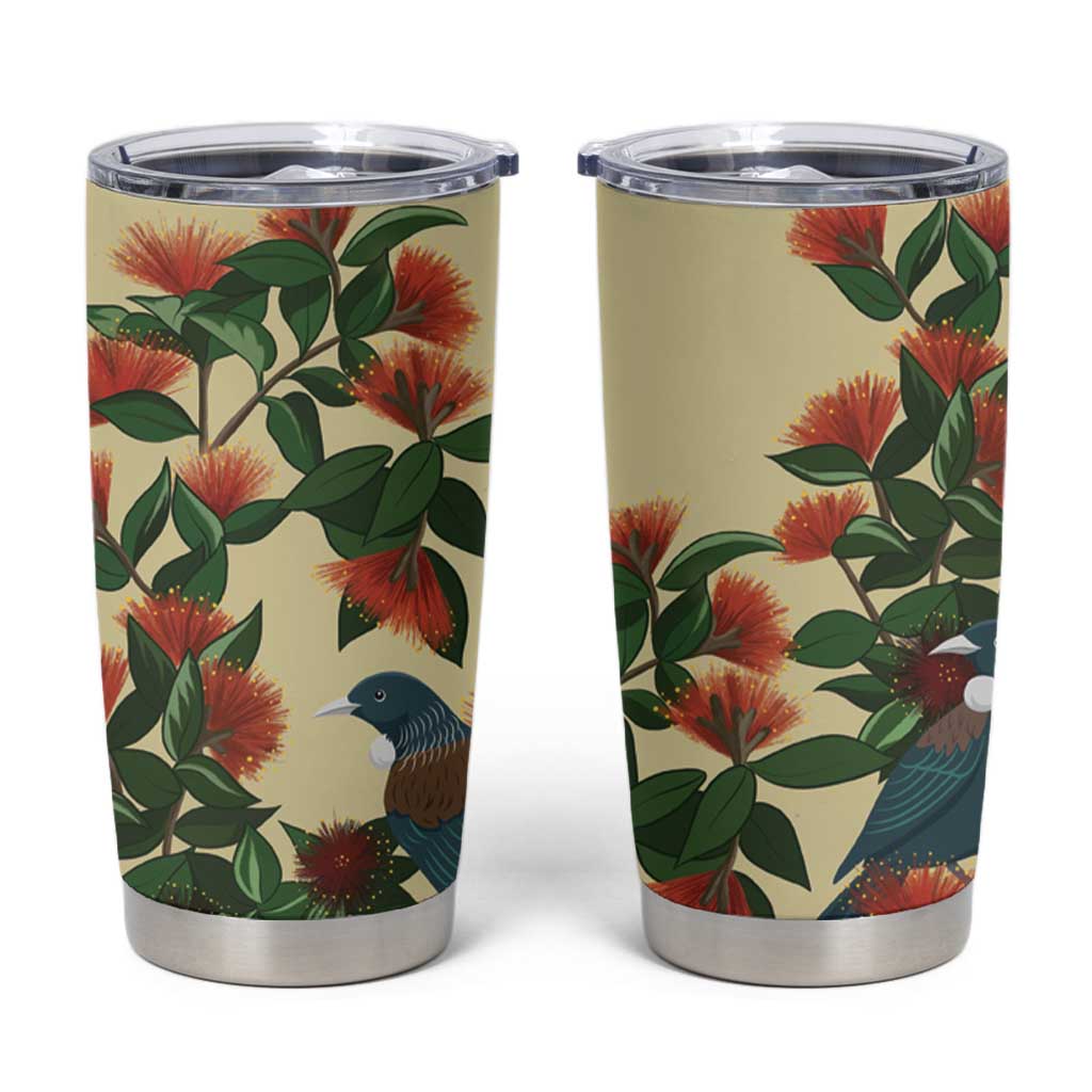 New Zealand Christmas Tumbler Cup Romantic Tui Birds on Pohutukawa - Ivory - Polynesian Pride