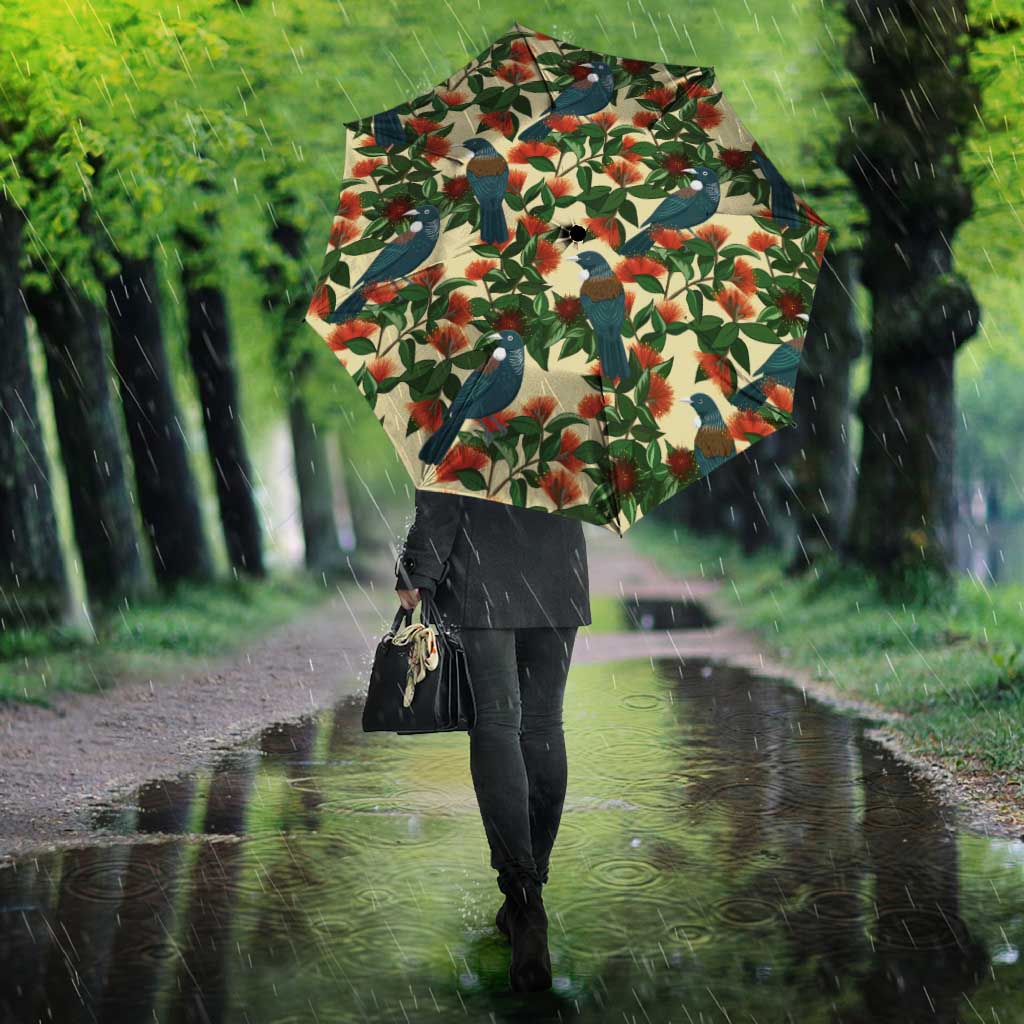 New Zealand Christmas Umbrella Romantic Tui Birds on Pohutukawa - Ivory - Polynesian Pride
