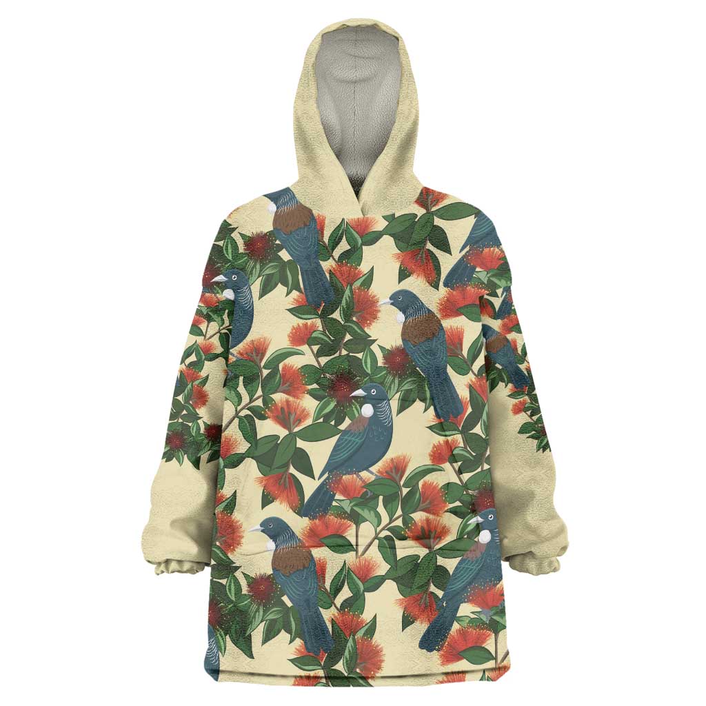 New Zealand Christmas Wearable Blanket Hoodie Romantic Tui Birds on Pohutukawa - Ivory - Polynesian Pride