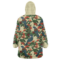 New Zealand Christmas Wearable Blanket Hoodie Romantic Tui Birds on Pohutukawa - Ivory - Polynesian Pride