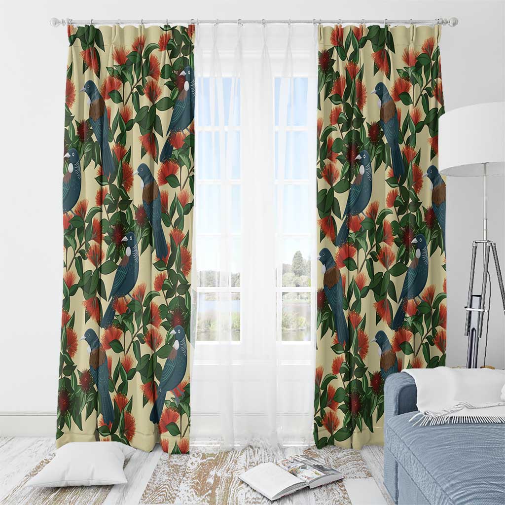 New Zealand Christmas Window Curtain Romantic Tui Birds on Pohutukawa - Ivory - Polynesian Pride